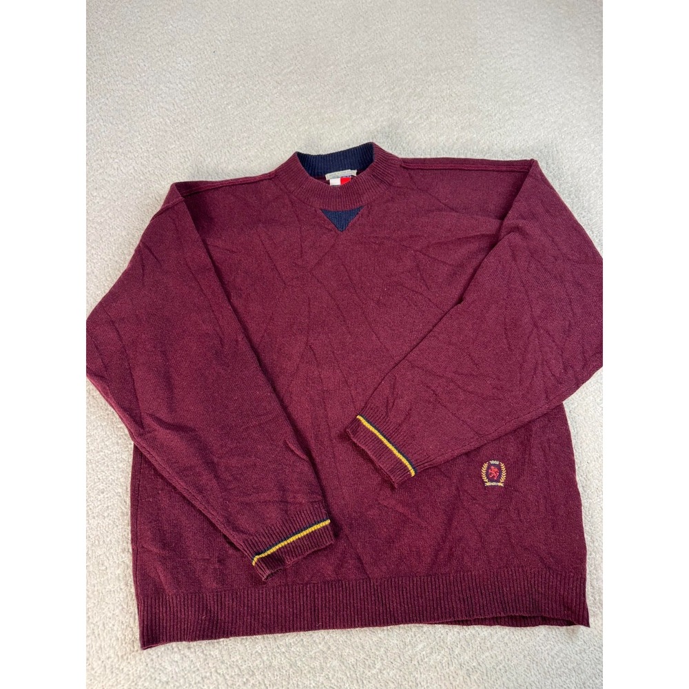 Tommyβ Hilfiger Mens Wool Sweater Burgundy Embroidered Logo Mock Neck XL